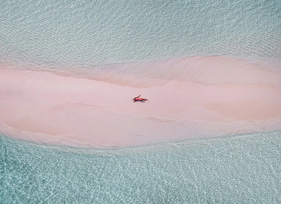 Aerial view of Maldives local-island lagoon and sandbanks