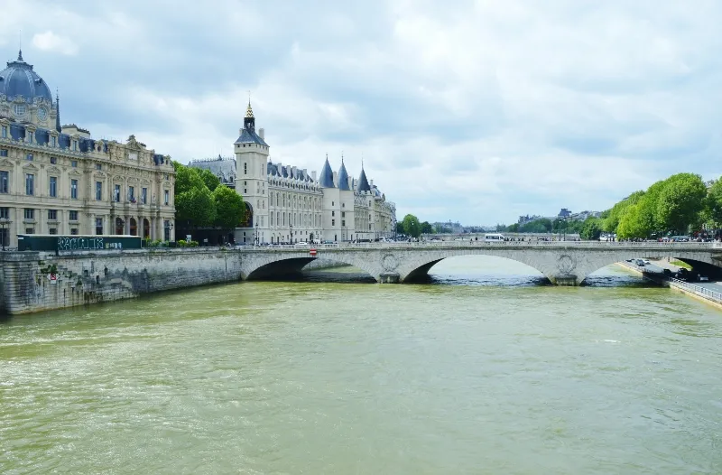 Grey day on the Seine with bridges and dark water
