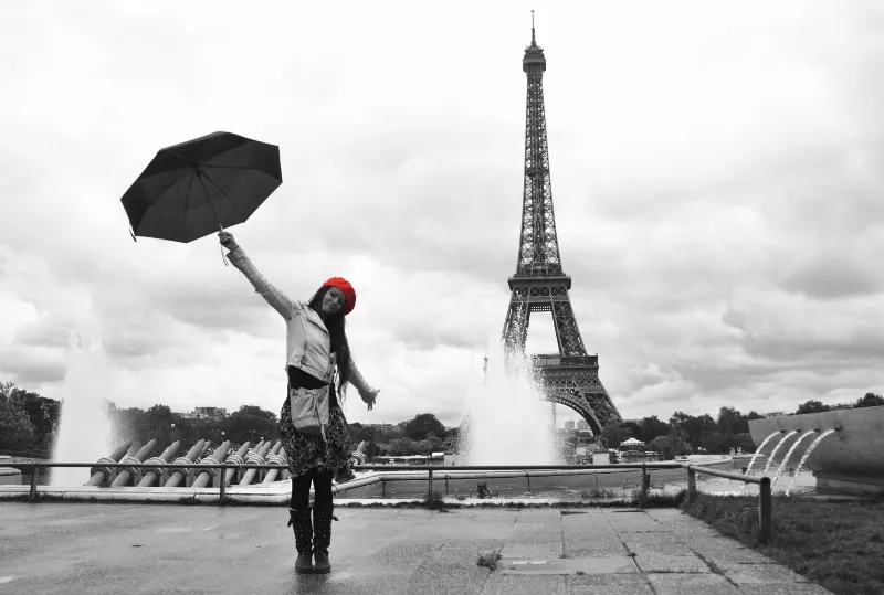 Eiffel Tower in moody weather during our Paris honeymoon